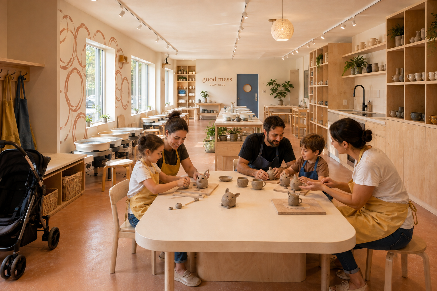 Parents and children making pottery together at a sunlit table, with pale wood shelves and warm clay-colored floors.
